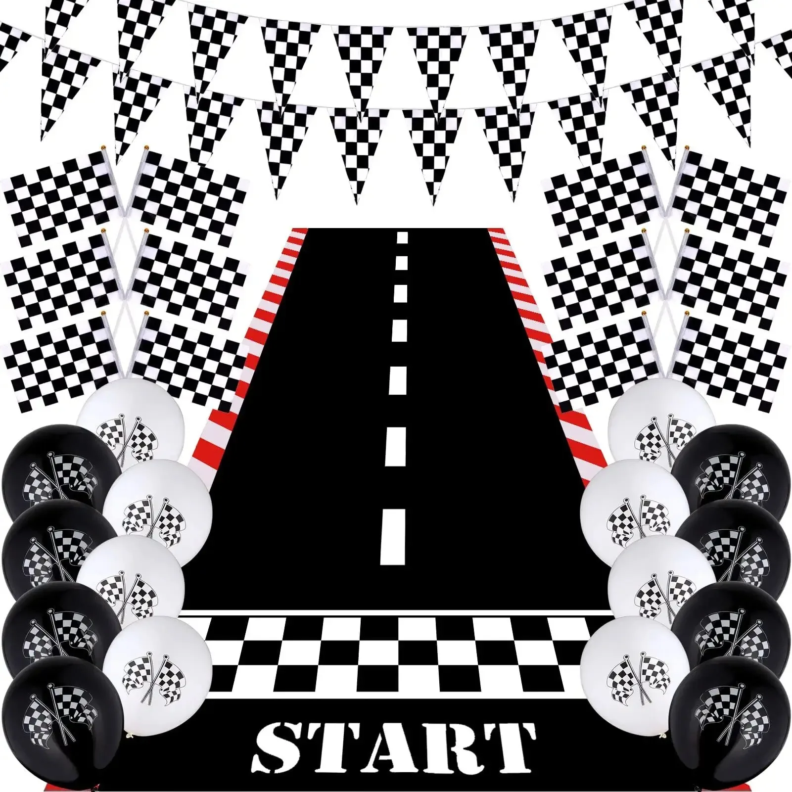 

28 Pieces Checkered Race Car Party Decoration Happy Birthday Racing Supplies Boy Gifts Racetrack Floor Running Mat Flag Balloon
