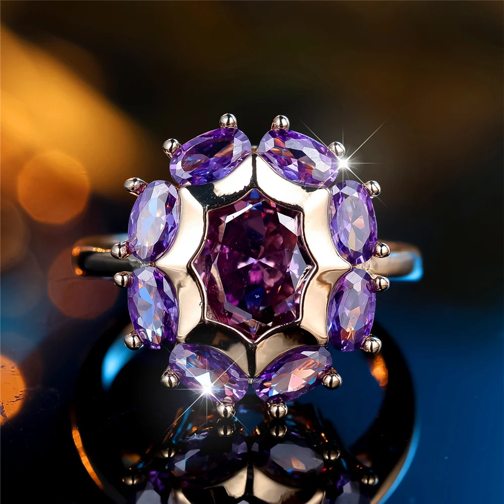 Charm Female Purple Zircon Stone Oval Engagement Ring Vintage Yellow Gold Color Wedding Jewelry For Women