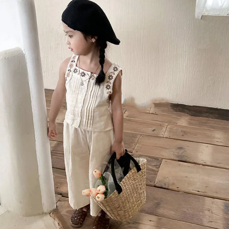 Summer Girls' Clothing Sets Japanese Korean Style Embroidery Short Cotton Vest+Wide Leg Pants Baby Kids Children Clothes Suit