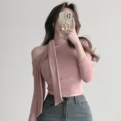 2023 Spring Bandage Women Fashion Tshirts New Turtleneck Long Sleeve Tunic Tees Chic Hollow Out Sexy Y2k Temperament Tops
