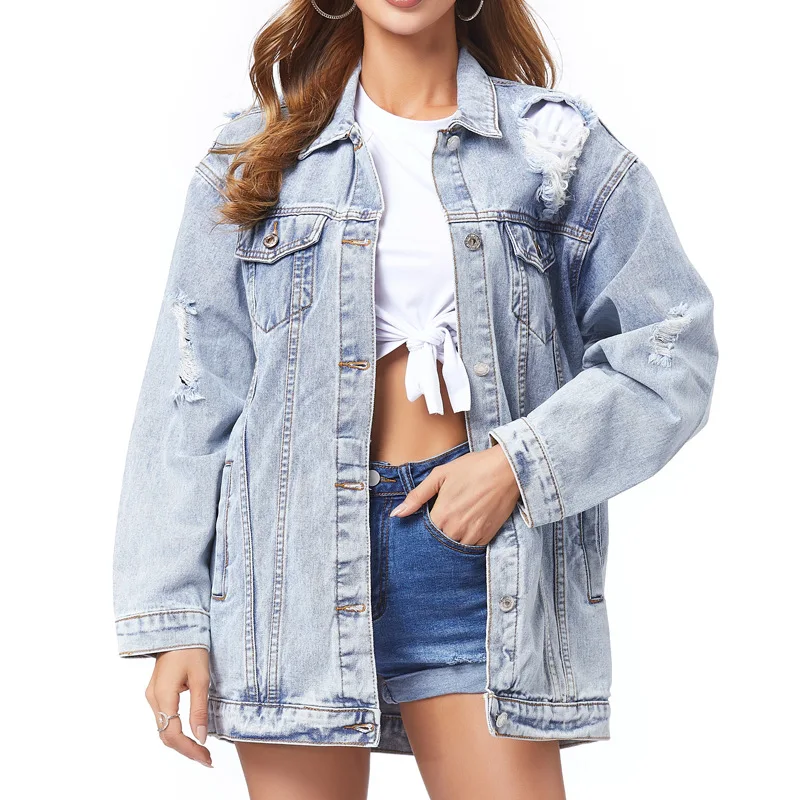 Ripped Buttons Jackets with Pockets Female Fashion Casual Streetwear New Loose Long Solid Denim Coats Women  Spring Summer