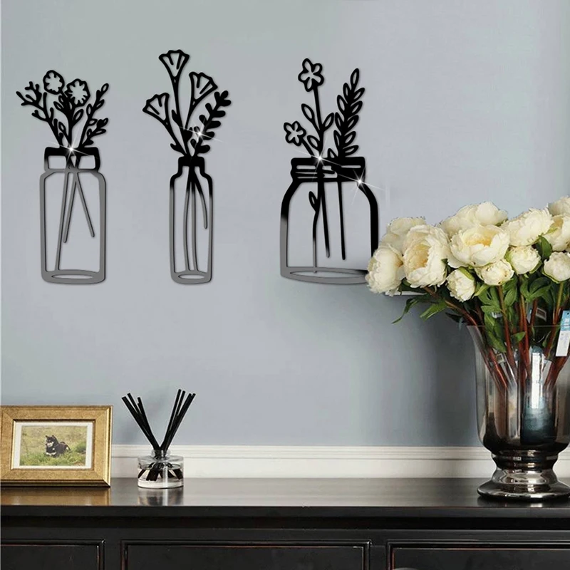 Vase Flowers Heart Butterfly Mirror Wall Sticker 3d Art Wall Decal Removable Mirror Stickers For Home Decoration Home Decoration