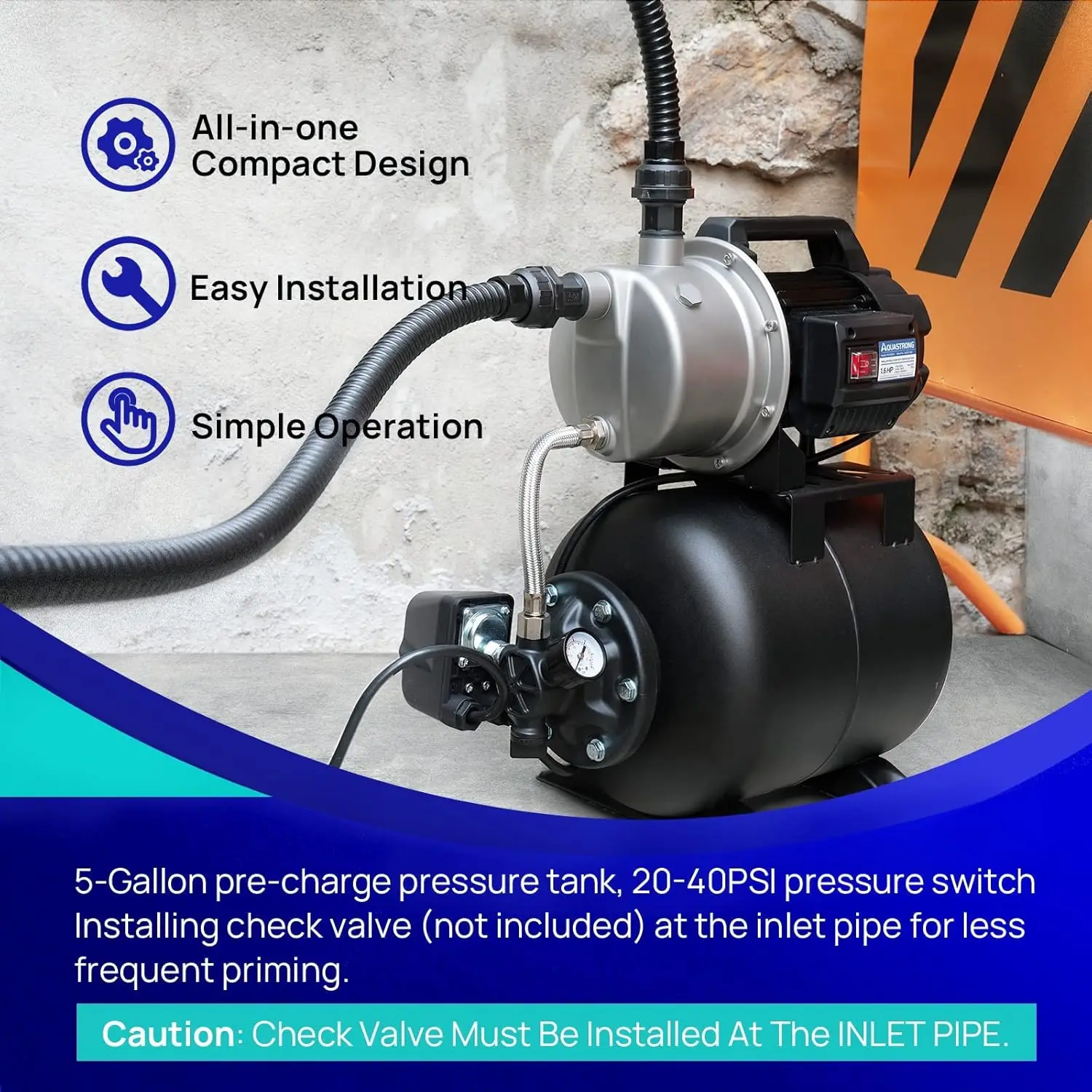 Stainless Steel Aquastrong 1.6 HP Shallow Well Pump with 1320 GPH Flow Rate, 115V, Pressure Tank, and Automatic Water Booster Je