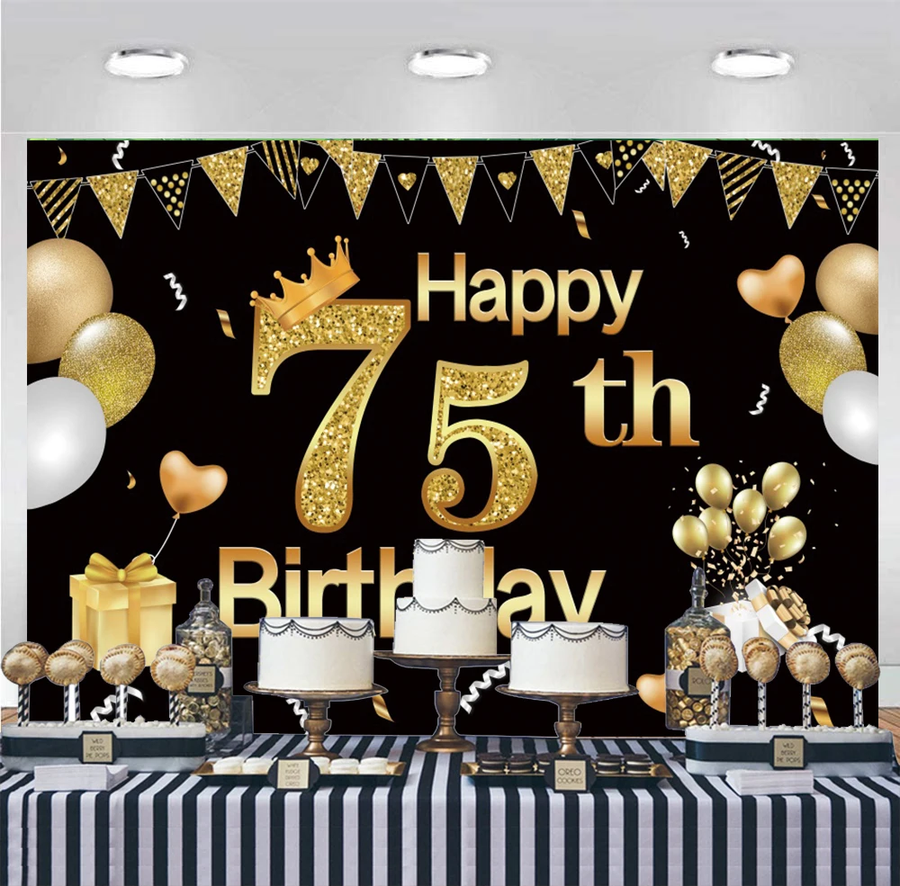 

75th Birthday Backdrop for Women Men 75 Years Anniversary Party Black and Gold Balloons Decorations Photo Background Photography