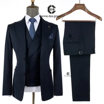 Cenne Des Graoom 2024 Abiti da uomo a righe nere blu con tasca applicata Giacca sportiva Gilet Pantaloni Set da 3 pezzi Riunione Matrimonio Uso quotidiano