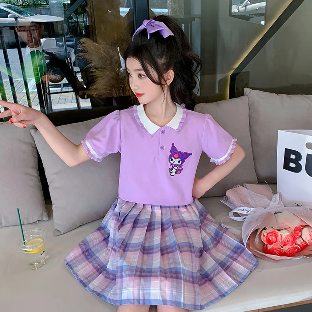 

Anime Kuromi Girls Jk Pleated Skirt Short Sleeve Kawaii Purple Cotton Casual Cartoon College Style Student Fashion Short Sleeve