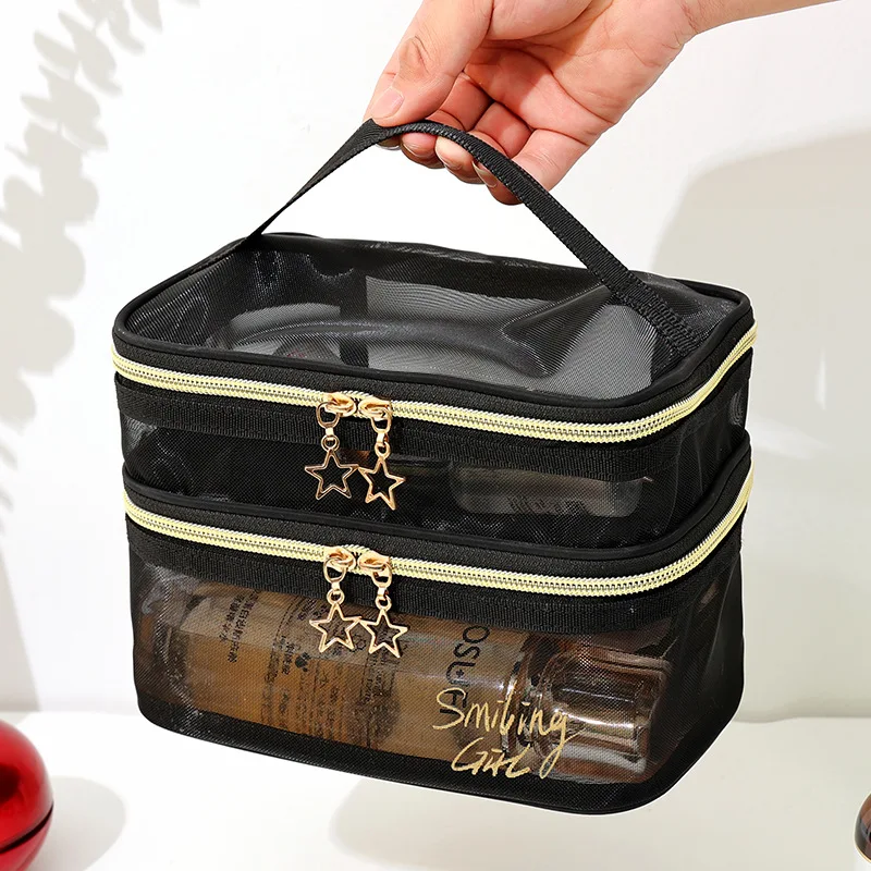 Big Size Double Layer Mesh Makeup Bag Women Cosmetic Bag Organizer Transparent Travel Makeup Wash Bag Beauty Case Toiletry Kit 2