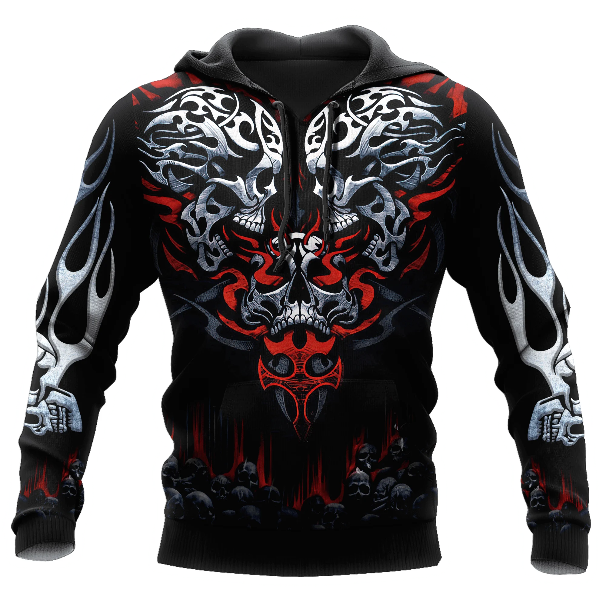thumbnail image 1 of Sudadera con capucha de gran tamaño con estampado 3D de esqueleto cruzado y tatuaje rojo terrorífico para hombre, chándales casuales, ropa de animal de cuervo y lobo malo, 1 of 5