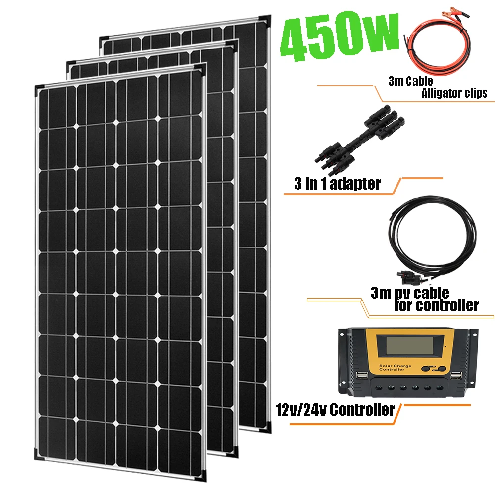 Painel Solar Kit Sistema Completo, Módulo Fotovoltaico para Casa, Carro, Campista, RV, Barco, Bateria, Carregador exterior, 12V, 150W, 300W, 450W, 600W  solar panel kit complete System