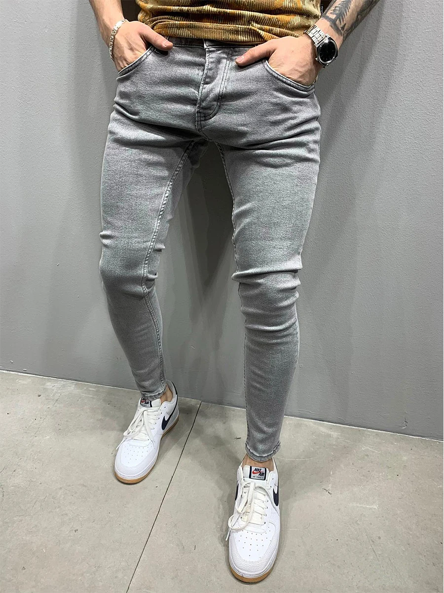 High-Quality Solid Color Men' Clothing Europe And The United States Classic Washed Jeans Casual Stretch Skinny Denim Pants S-3XL