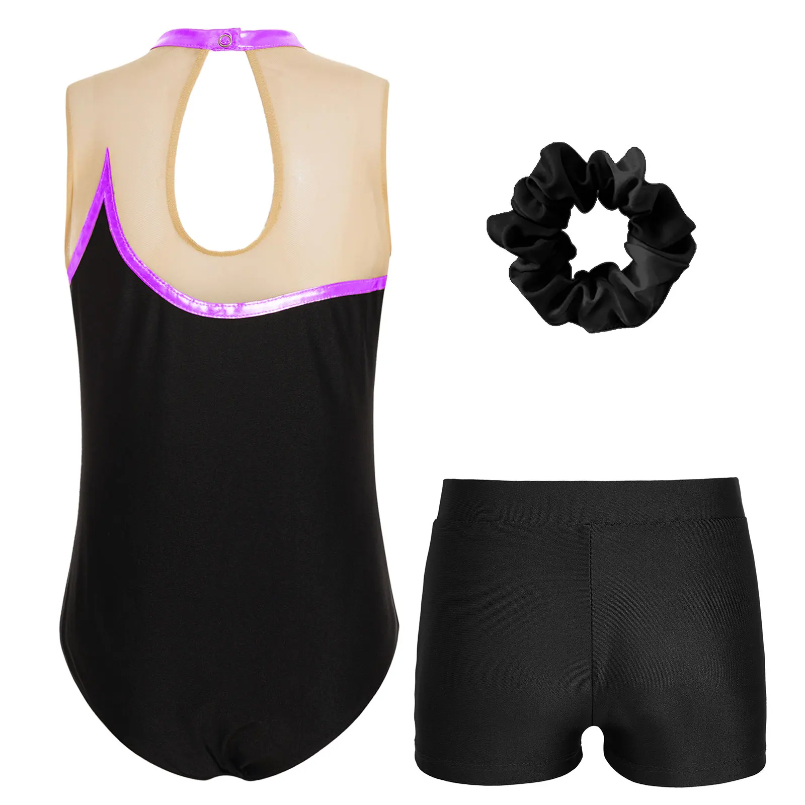 Kids Girls Sports Set Sleeveless Patchwork Keyhole Back Leotard with V-front Waistband Shorts And Hair Tie Headband