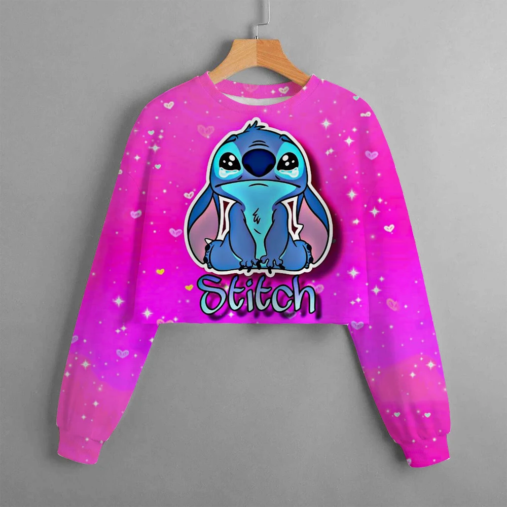 2024 New Girls' Sweatshirt Disney Lilo&Stitch Pattern 3D Printed Cartoon Print Casual Wear Short Pullover Long Sleeve Top