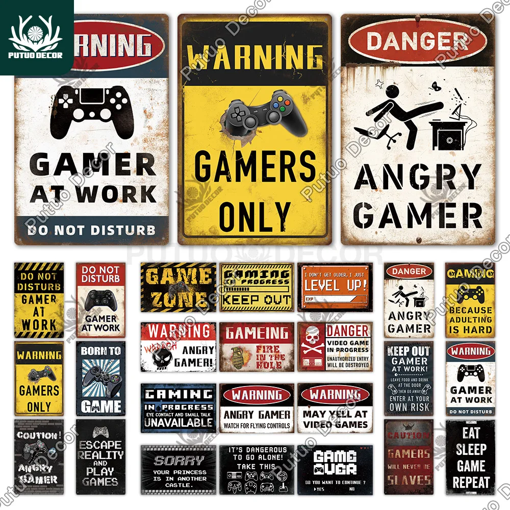 Putuo Decor Funny Gamer Metal Signs Vintage Tin Sign Gamer At Work Retro Signs for Home House Club Game Room Man Cave Wall Decor