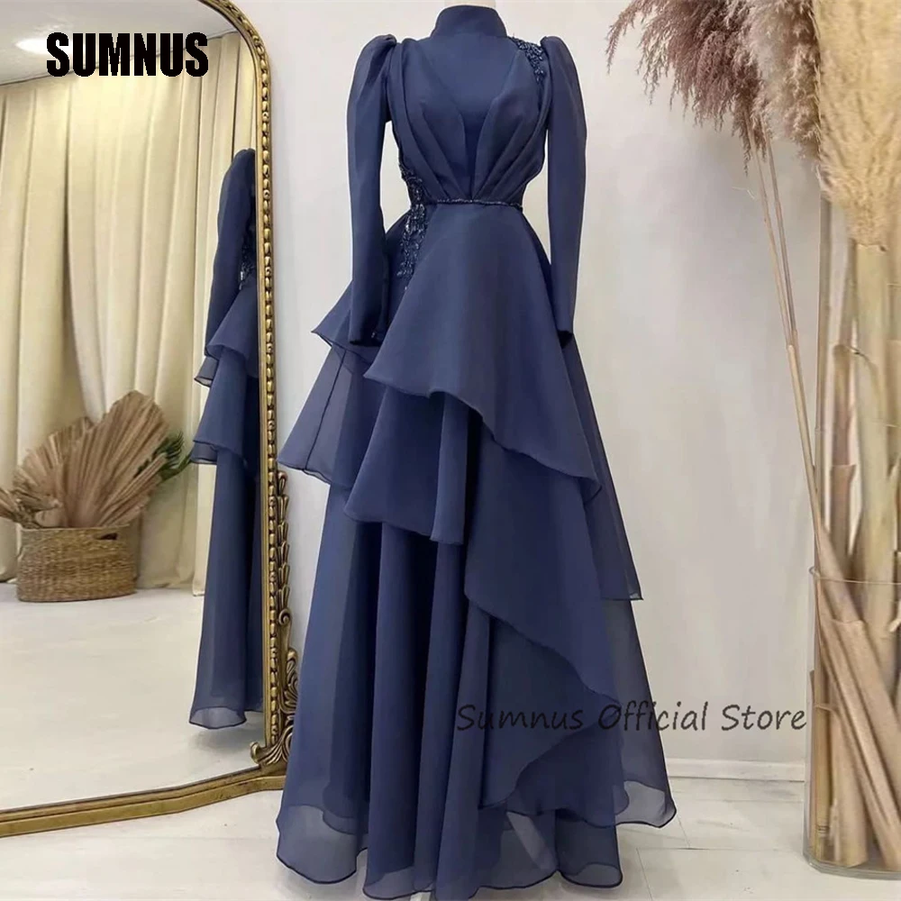 

SUMNUS Modest A Line Organza Evening Dresses High Neck Puff Long Sleeves Muslim Dubai Arabic Women Formal Prom Gowns vestidos