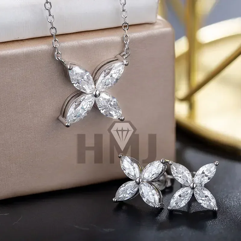 Jewelry Set Real Moissanite Earrings Necklace 925 Sterling Silver Plated 18K Gold Engagement Party