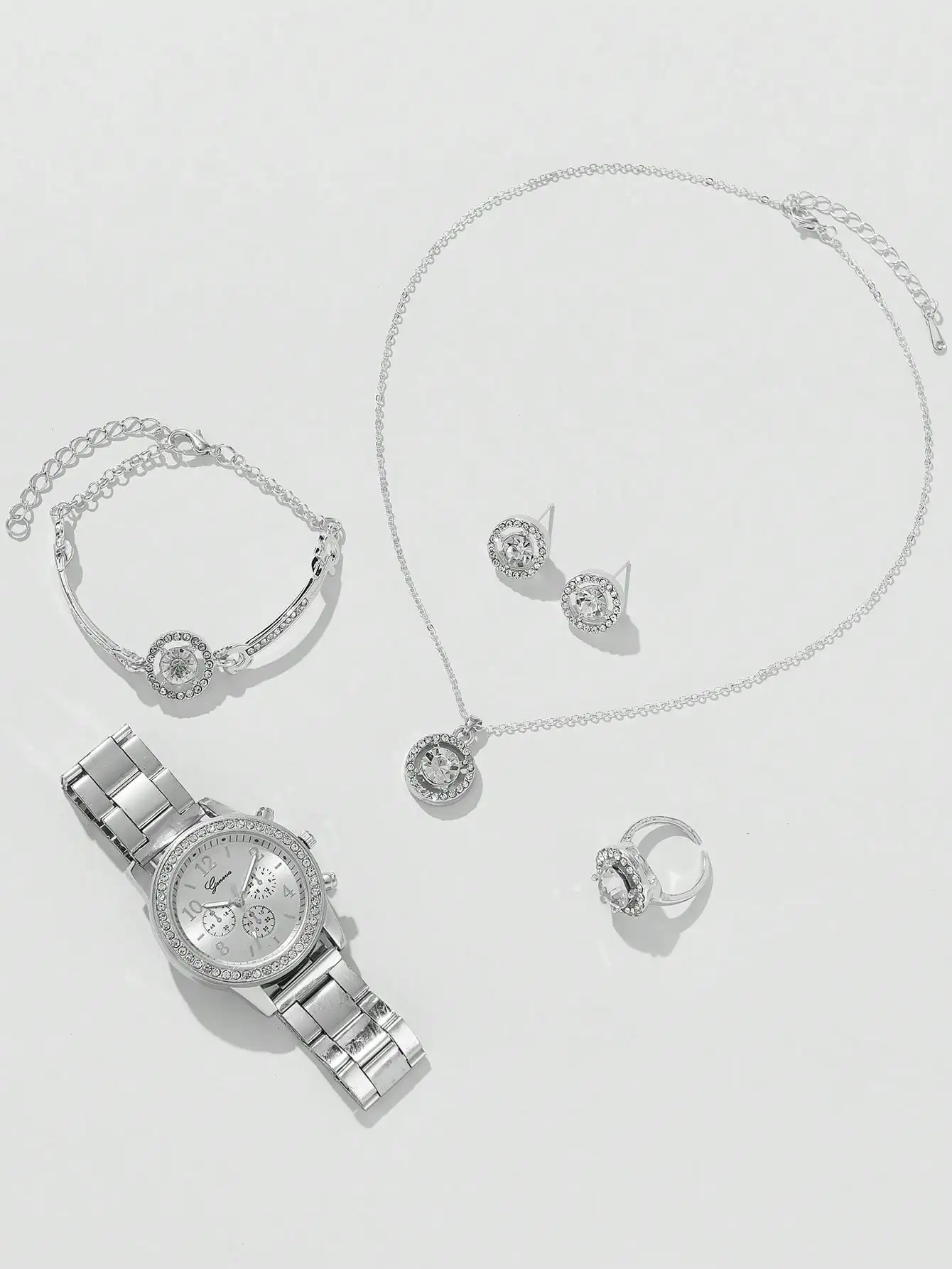 5 PCS Set Silver Luxury Watch Women Ring Necklace Earrings Rhinestone Fashion Wristwatch Female Casual Watches Bracelet Set 3