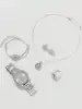 5 PCS Set Silver Luxury Watch Women Ring Necklace Earrings Rhinestone Fashion Wristwatch Female Casual Watches Bracelet Set 3