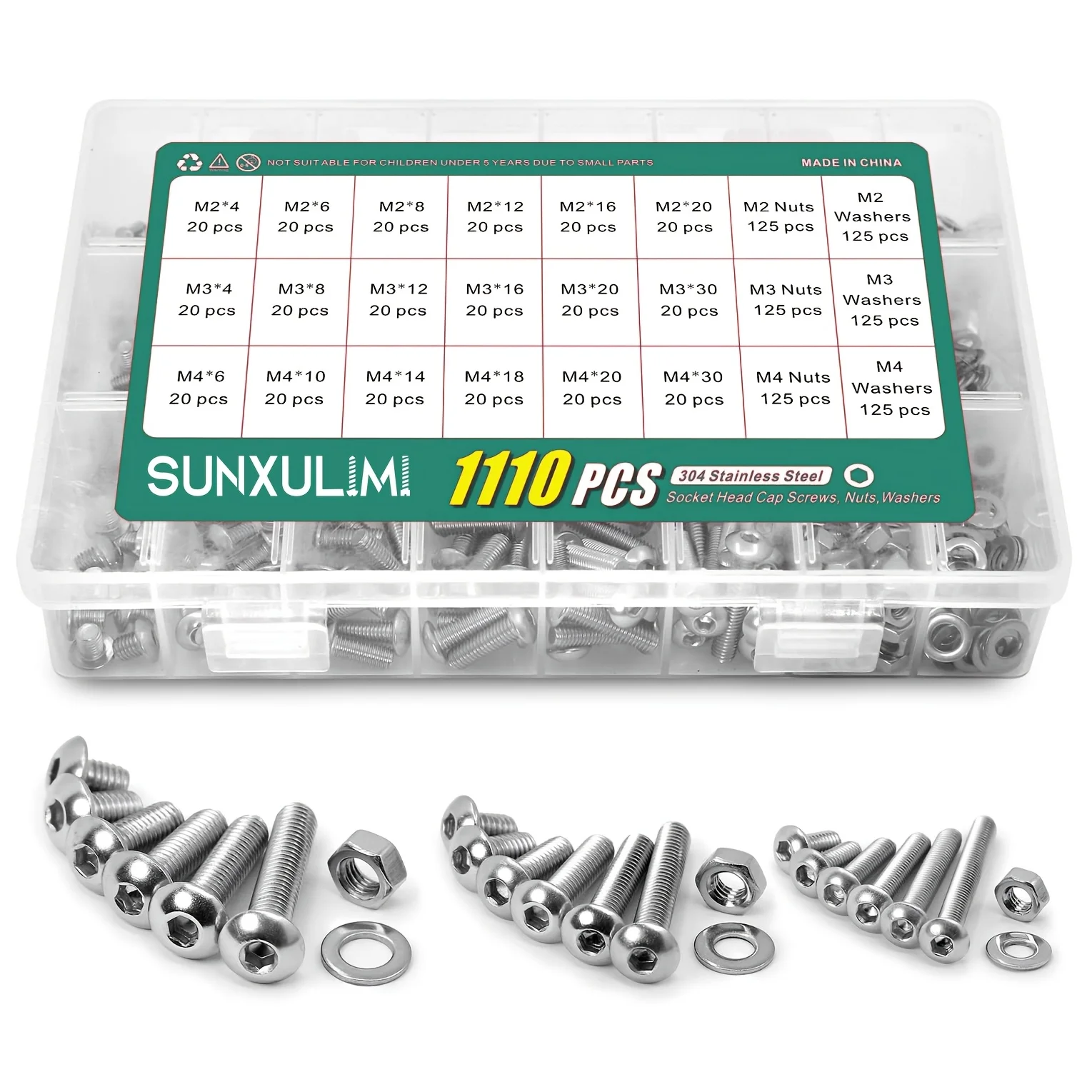 1110 Pcs 304 Stainless Steel Screws Bolts and Nuts Button Head Socket Cap Screws and Nuts Washers Assortment Kit