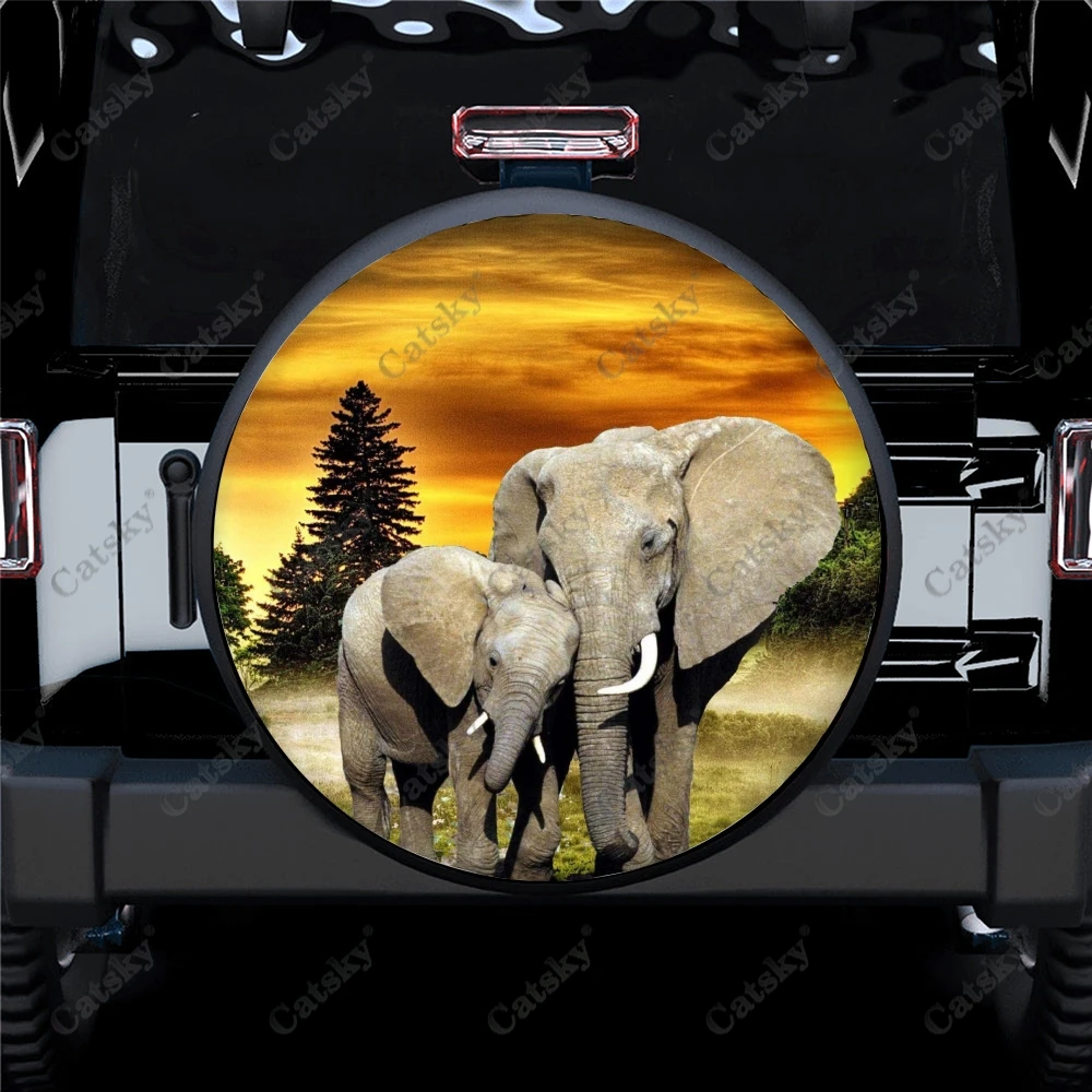 

Sunset African Elephants Print Car Spare Tire Cover Waterproof Protect for Truck RV Trailer Auto Accessories Camping 14-17inch
