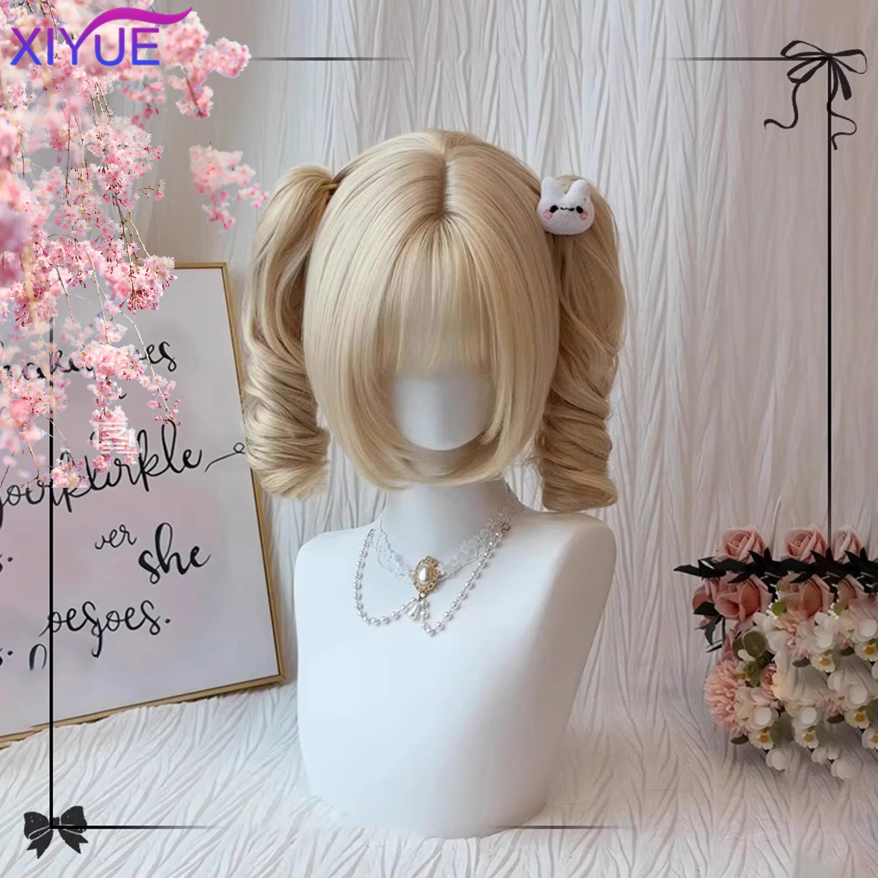 Long Curly Twin Ponytails Synthetic Wig Bangs Cosplay Lolita Party Chic Girls Princess Blonde Short Heat Resistant Hair byWTB HA