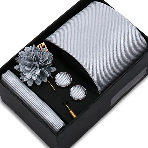 Top Quality Solid color Ties Hanky Cufflinks Brooch Set Elegant Jacquard Necktie For Men Business Wedding In Gift Box Gravatas - Image 8