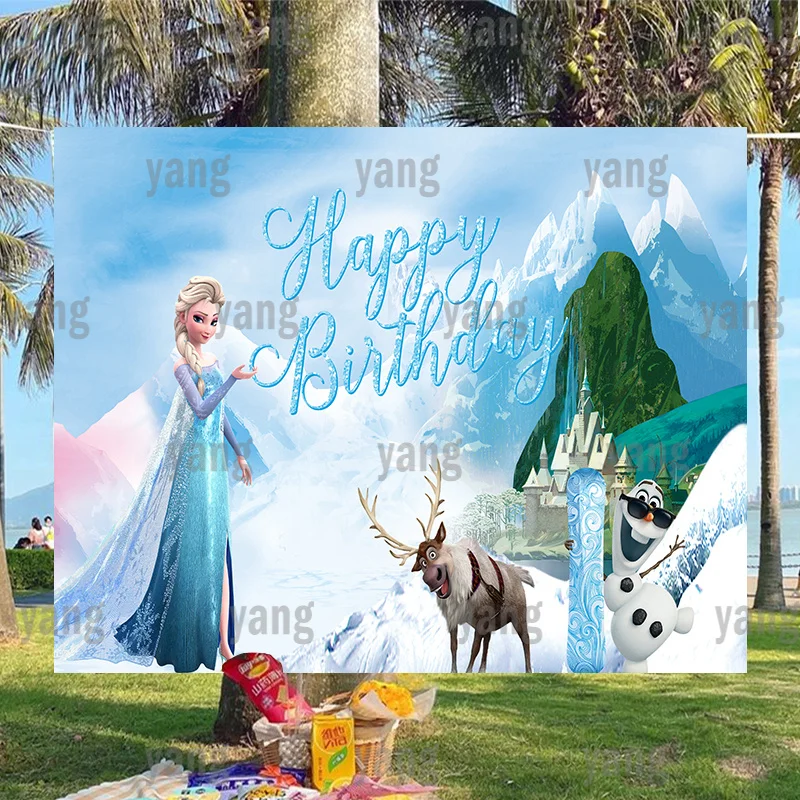 Disney Frozen Elsa Girls Photography Blue Icebergs Sfondo Personalizzato Olaf Sven Beautiful Princess Birthday Party Photo Background