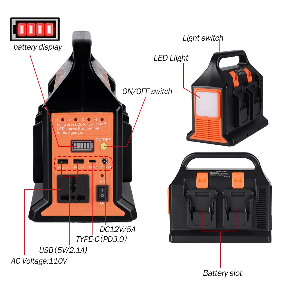 ONEVAN 300W Sine Wave Inverter For makita 18v Battery To AC 110V/220V USB PD3.0 Tpye-C Power Bank Converter with Led Light