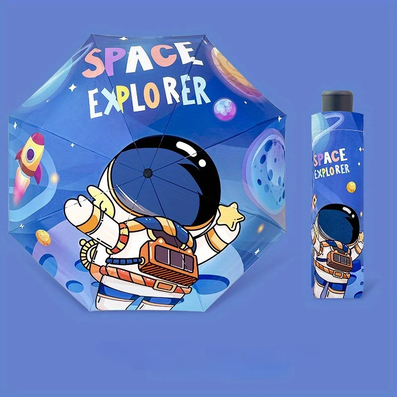 Unisex Manual 8 Ribs Adorable Cartoon Astronaut Pattern Folding Umbrella Casual Lightweight Compact Backpack Umbrella