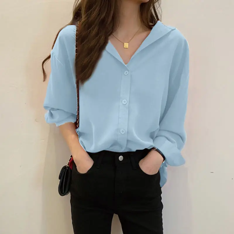 Fashion Solid Color Button All-match Korean Shirt Female Clothing 2022 Autumn New Oversized Casual Tops Loose Office Lady Blouse