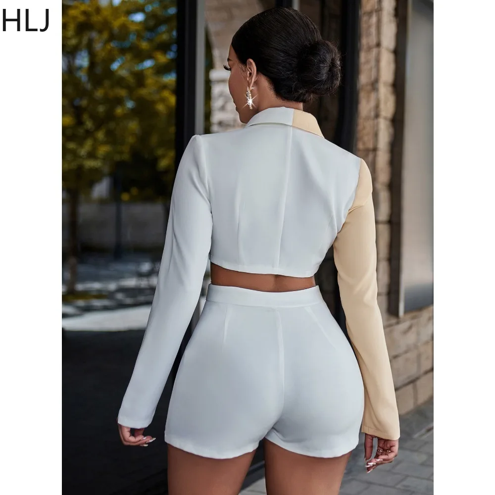 HLJ Elegant Lady Patchwork Blazer Outfits Women Turndown Collar Long Sleeve Button Crop Top + Skirts Shorts Two Piece Streetwear