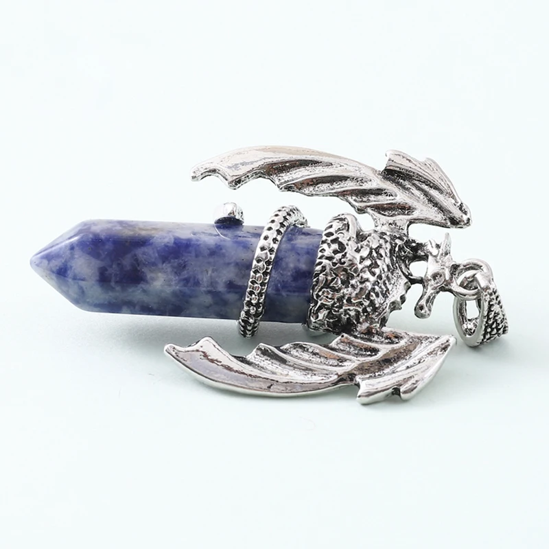Animal Dragon Man Necklace Natural Gemstone Pink Quartz Hexagonal Crystal Pendant Vintage Men Women Pendant Jewelry