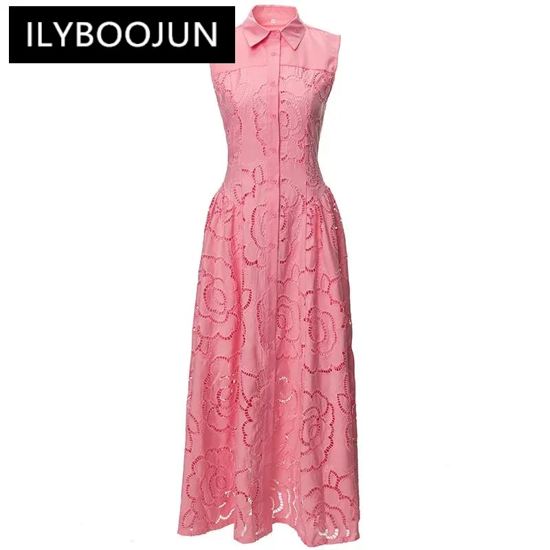 

ILYBOOJUN Fashion Designer Spring Summer Women's Turn-Down Collar Sleeveless Single-Breasted Hollow Out Big Swing Dress