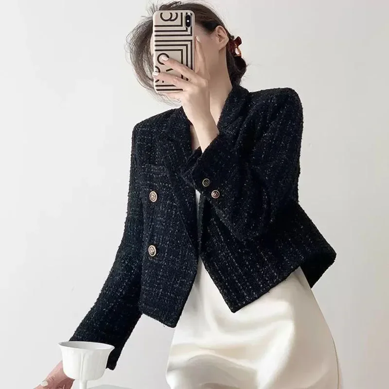 

2023Fashion Long-sleeved Blazer Small Fragrance Coat Women's Spring New Korean Version Loose Check Black Temperament Short Coat