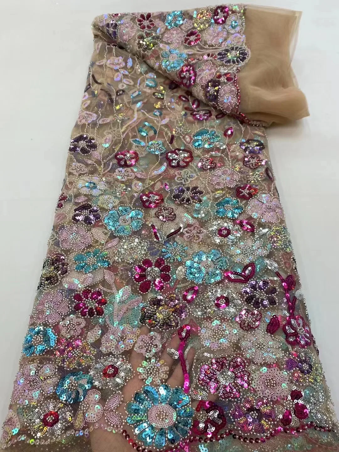 

Latest Beads African Lace High Quality Sequins Nigerian French 3d flowers Tulle Lace Fabric Embroidery for Women Dress