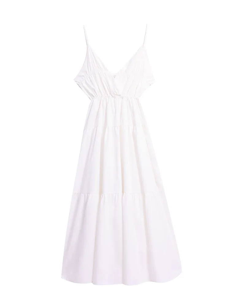 French Style Beach Vacation Slip Dresses Women Sleeveless V