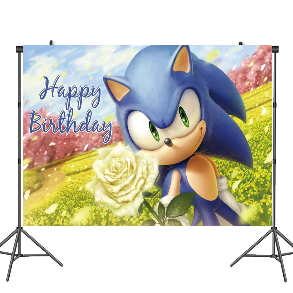 thumbnail image 1 of Fondo fotográfico personalizado con nombre y años de Sonic the Hedgehog, decoración para fiesta de cumpleaños, vinilo, tela de poliéster, pancarta de tela, 1 of 5