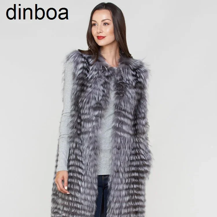 

Dinboa-2023 New Waistcoat Women's Elegant Gilet Luxury Real Fur Long Fox Fur Vest