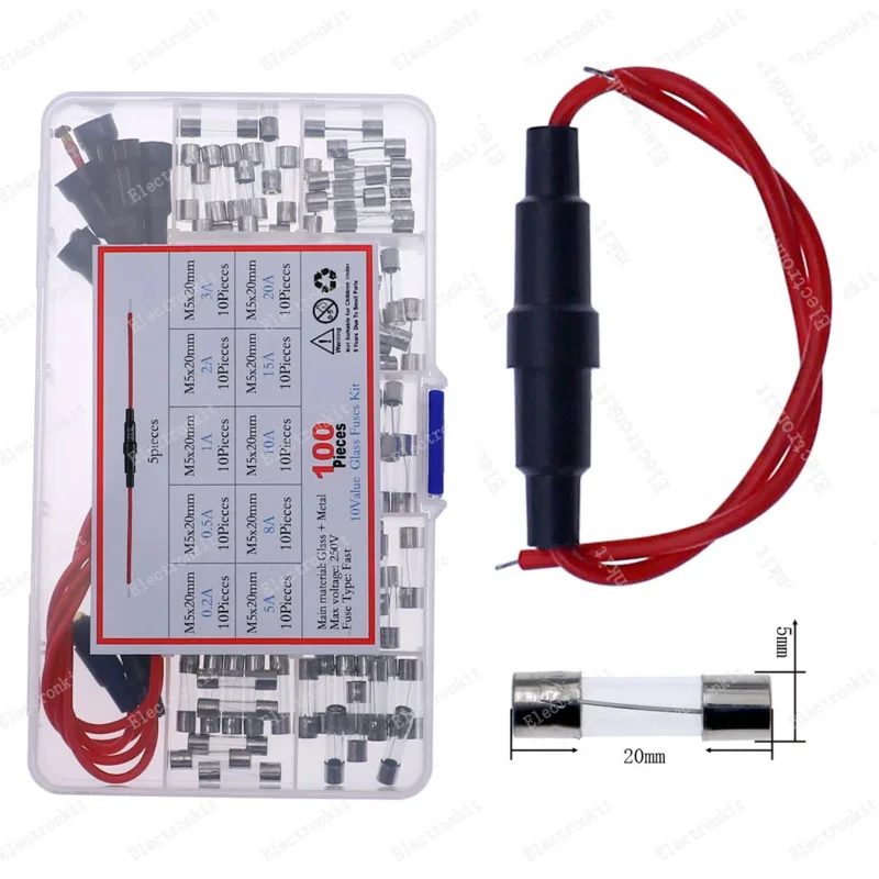 5pcs 5x20mm Fuse Holder Screw Type with 16AWG Wire 100pcs Quick Blow Glass Tube Fuse Assorted Kit 12V-250V