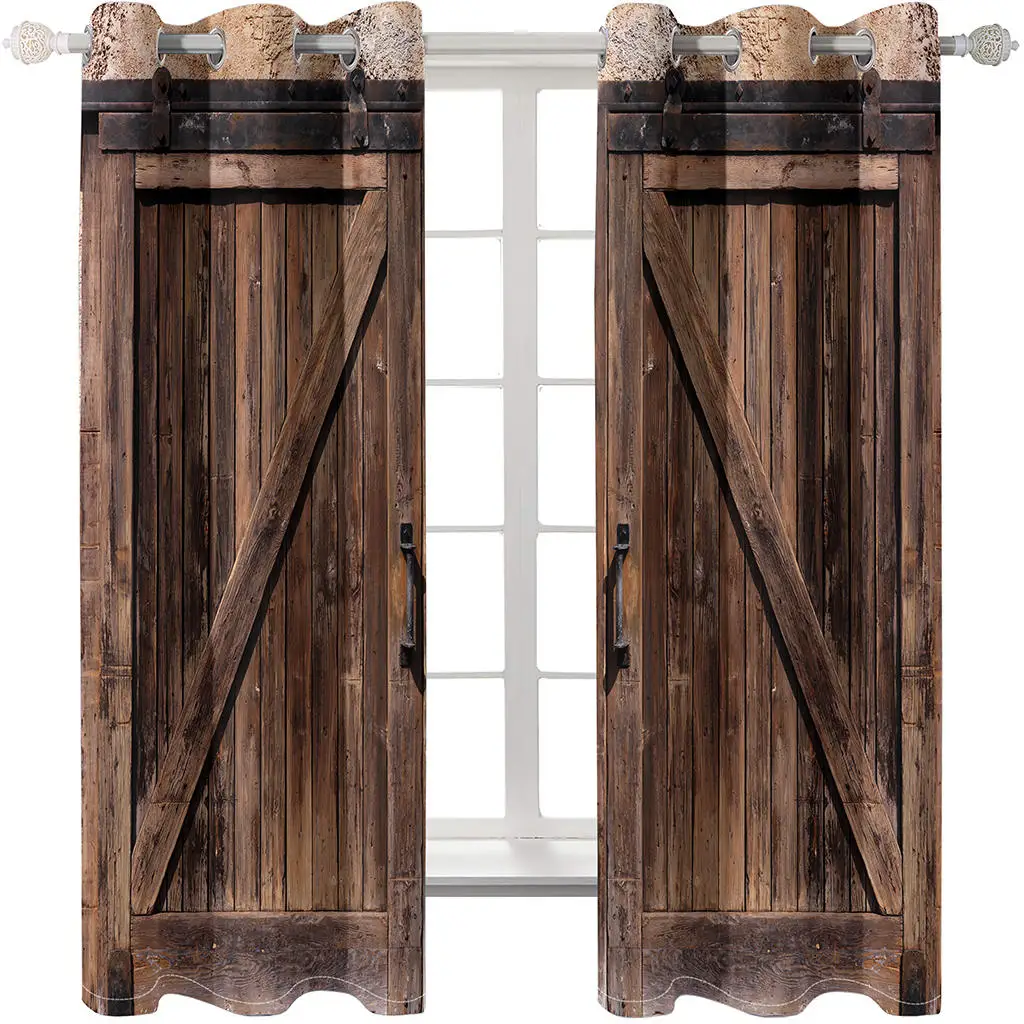 Two piece set of curtains, metal grommets. Dark brown, barn wooden door. Polyester, with dustproof and waterproof properties 3