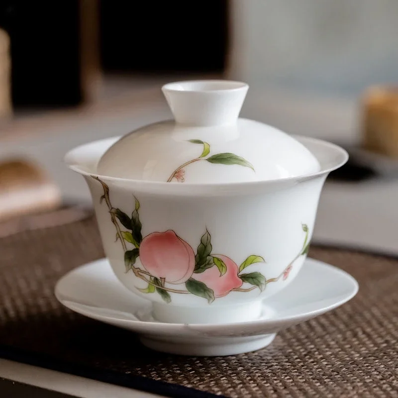 

175ml White Porcelain Tea Tureen Sancai Covered Bowl Single Tea Cup Hand-painted Longevity Peach Sweet Gaiwan Kung Fu Teaware