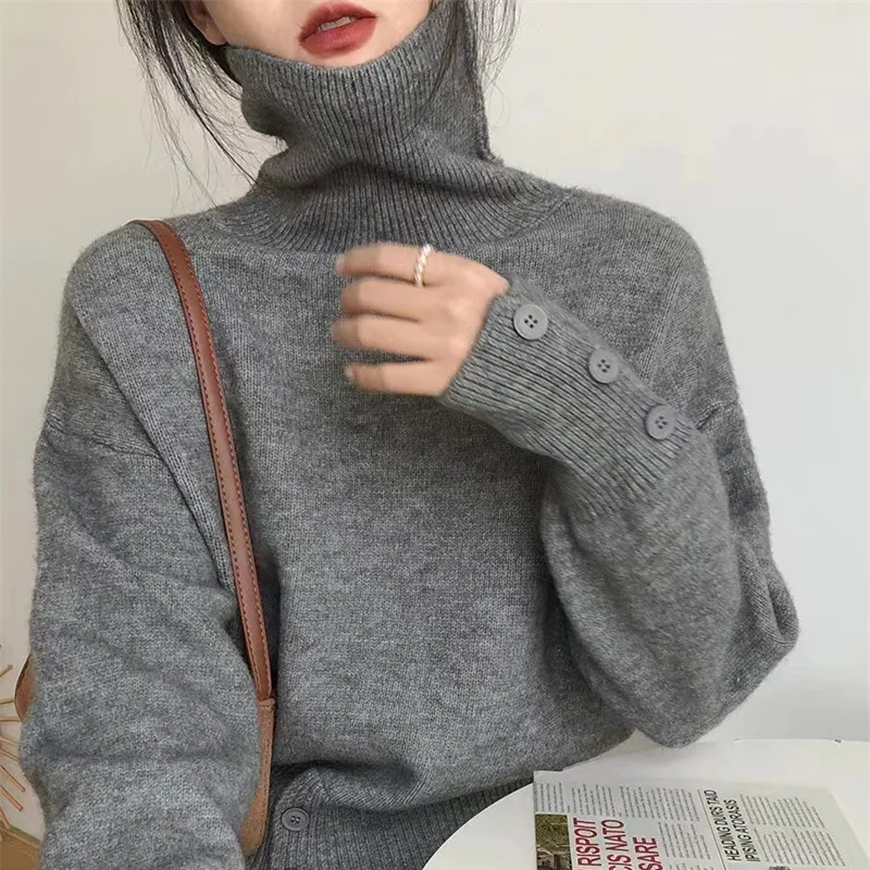 

Korean Slim Woman Pullover Turtleneck Sweater Long Sleeved Loose Jumper Autumn Soft Solid Button Split Female Chic Knitted Top