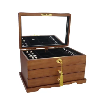 Big Wood Jewelry Box Storage Box Vintage Exquisite Jewelry Storage Box Organizer for Girl with Lock Mirror Ornament Gift Ideas