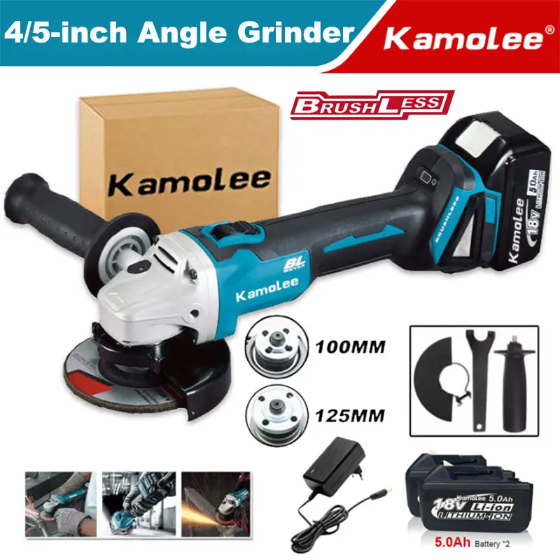 Kamolee Electric Angle Grinder 4/5-inch 18500RPM Brushless Cordless 4 Speed Cutting Power Tool for Makita 18V Battery. hoprio 9 inch 220v 2600w high efficiency brushless angle grinder wholesale
