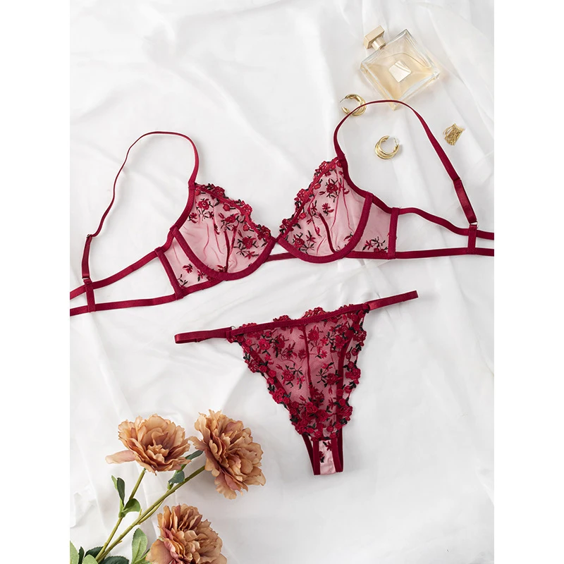 Women Lingerie Set Super Sexy Transparent Thin Lace Flower Embroidered Two-piece See-through Panties V-neck Bra Set women lingerie set