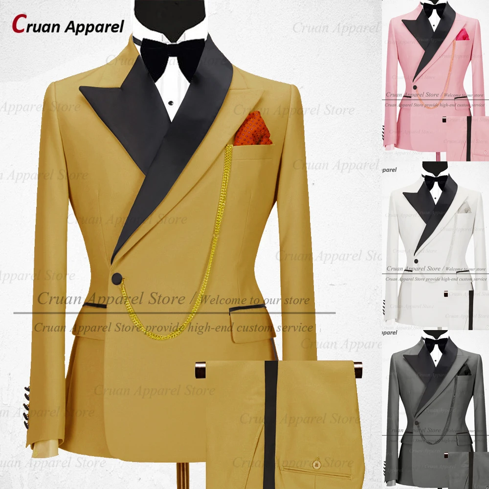 Latest Luxury ivory Men Suit Set Slim fit Groomsmen Groom Wedding Dress Tuxedo Fashion Designs Party Stage Blazer Pants 2 Pieces