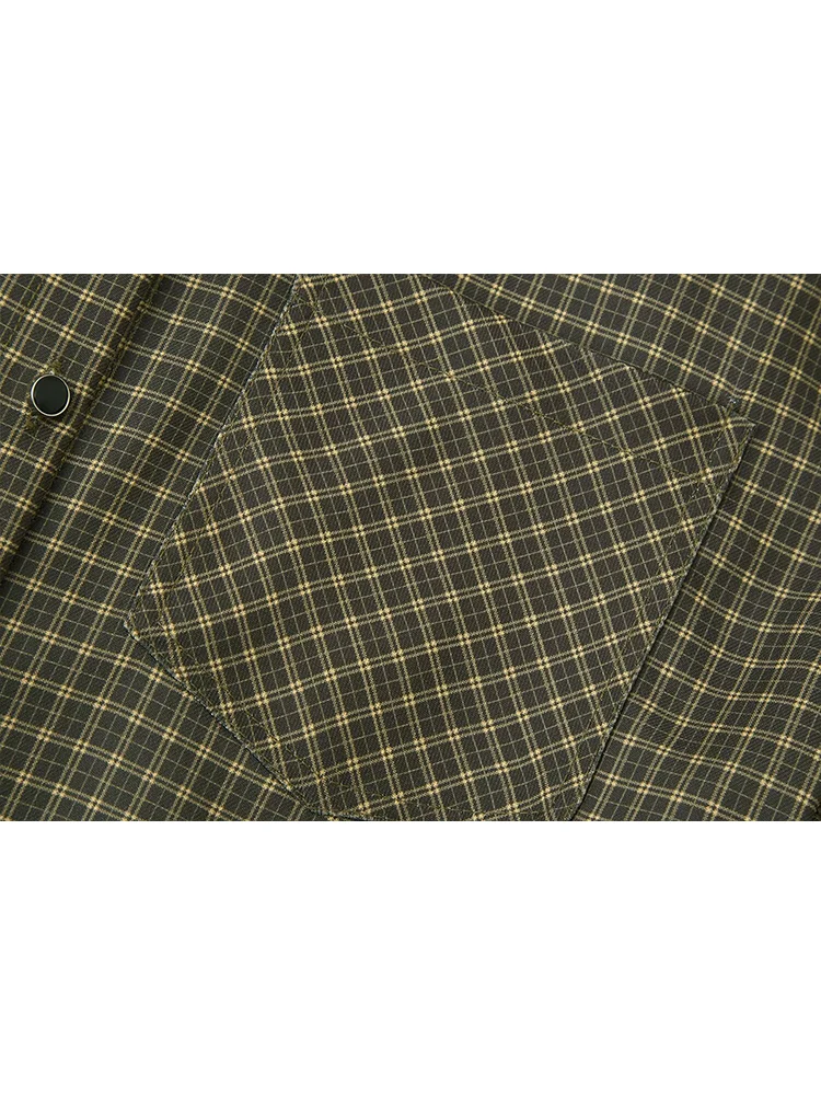 Women Plaid Shirt Vintage Single Breasted Shoulder Pad Turn-down Collar Long Sleeve Pocket Shirt A Office Lady Autumn Blouse