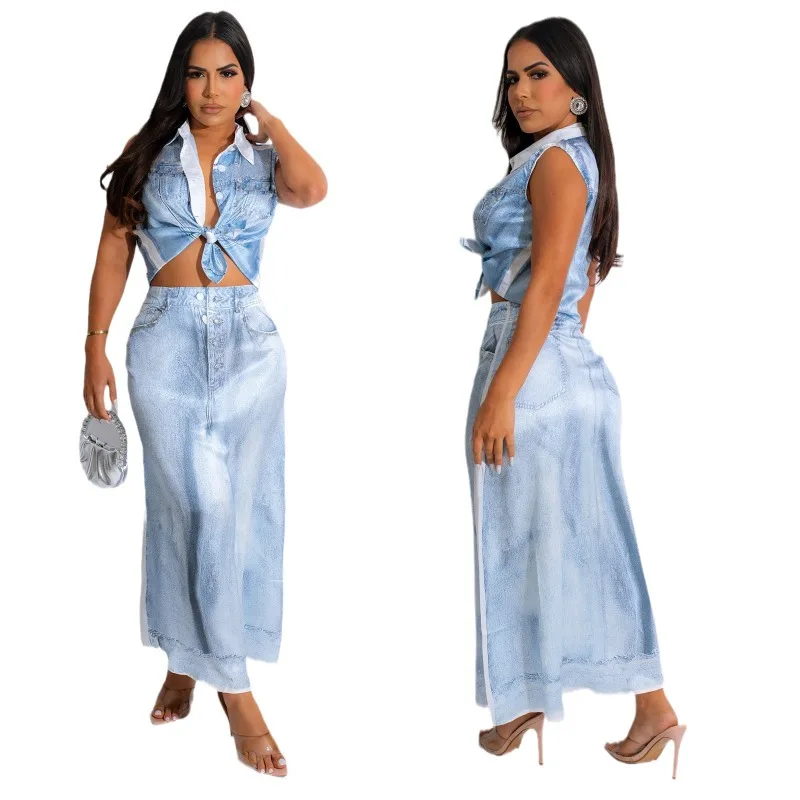 Jeans Print 2 Piece Skirts Sets Women Turn Down Collar Sleeveless Single Breasted Lace Up Shirts Crop Tops Long Dress Suits