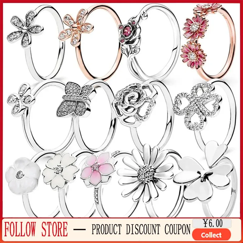 Exquisite 925 Sterling Silver Original Logo Women's Pav é Dense Set Daisy Ring White Cherry Blossom Ring DIY Fashion Jewelry popular women s 925 sterling silver celestial sun moon ring set me dense emblem ring women s party wedding fashion ring set