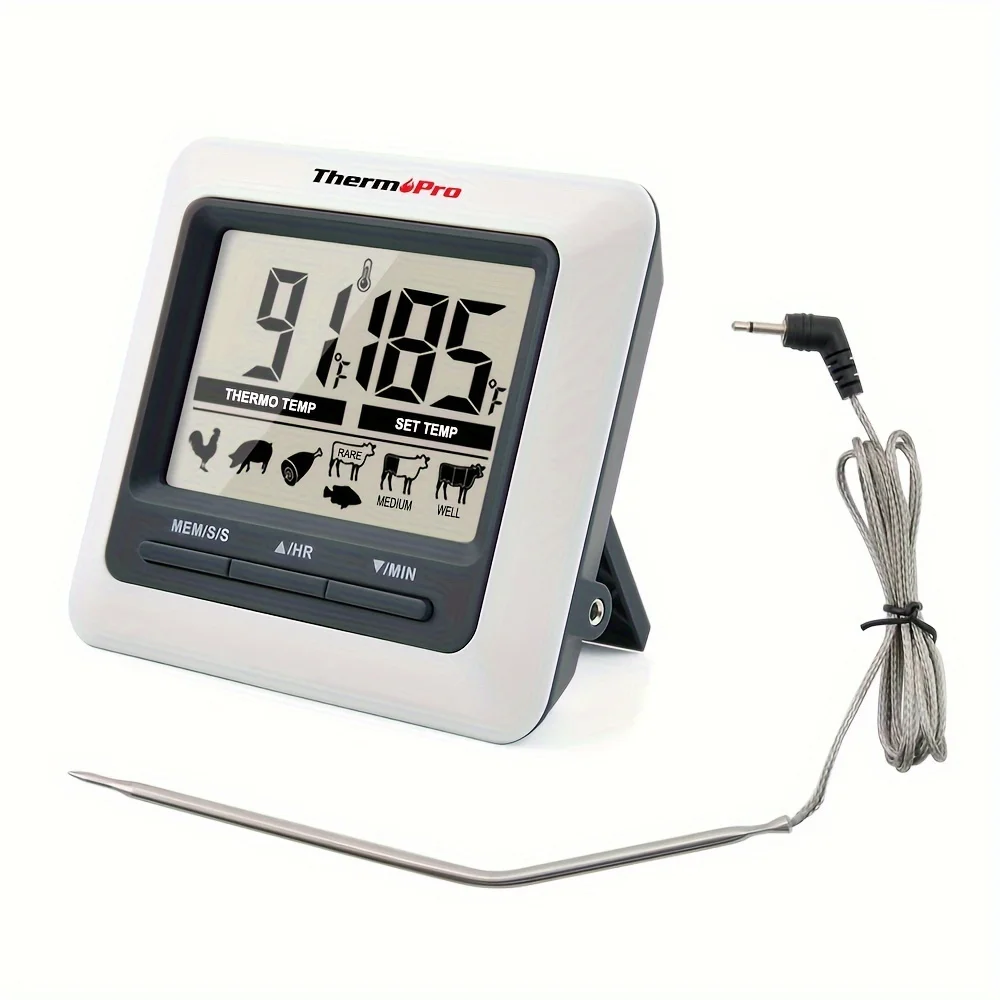 

1pc, TP-04 Large LCD Digital Cooking Food Meat Oven Kitchen Barbecue Oven Thermometer Clock Timer With Stainless Steel Probe, K
