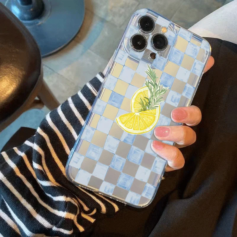 Stylish Blue Striped Yellow Lemon Printed Phone Case - Clear Soft Cover